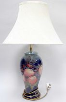 A Moorcroft Finches on Blue Pattern Lamp, designed by Sally Tuffin, impressed marks, 32.5cm high (