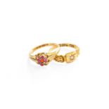 An 18 Carat Gold Diamond Solitaire Ring, finger size L; and A 15 Carat Gold Synthetic Ruby Cluster