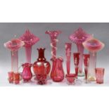 A Quantity of Victorian and Later Cranberry Glass Items, including Jack in the pulpit vases, and