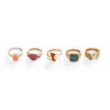 Four 9 Carat Gold Gem-Set Rings, including a ruby example, an opal triplet example, a crossover