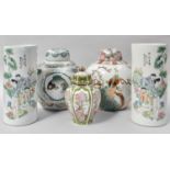 Two Chinese Porcelain Sleeve Vasess, together with three decorative ginger jars