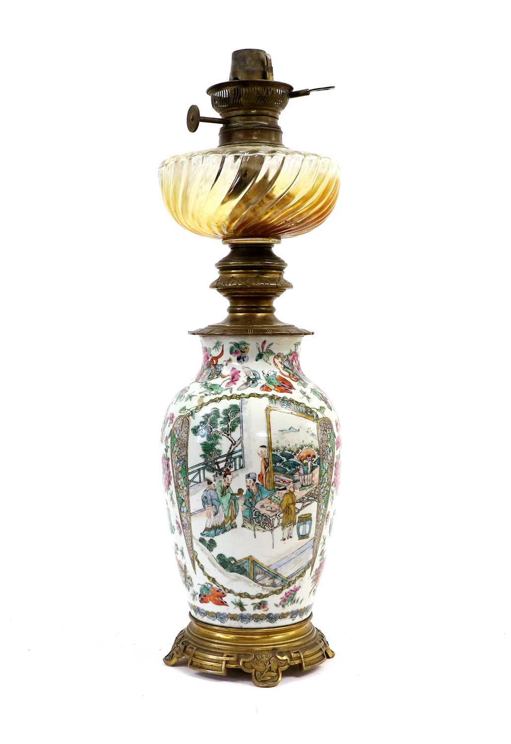 A Cantonese Porcelain Vase Converted to an Oil Lamp, 19th century, of ovoid form and painted in