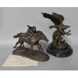 A Contemporary Patinated Bronze Sculpture of an Eagle in Flight, on stepped marble plinth, 29cm