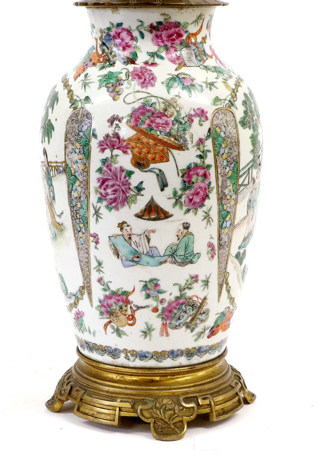 A Cantonese Porcelain Vase Converted to an Oil Lamp, 19th century, of ovoid form and painted in - Image 2 of 2