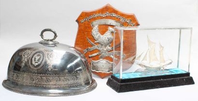 Filigree Sailing Boat in a Glazed Case, oak plaque 'Burma Army Staff College' and plated meat