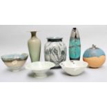 A Collection of Studio Pottery, including a raku vase and lustre bowls by James Smith (one tray)Bowl