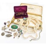 A Quantity of Jewellery, including a garnet and split pearl pendant, stamped '9CT' to the reverse,