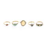 Five Gem-Set Rings, including an 18 carat gold sapphire and diamond cluster ring (a.f); a 9 carat