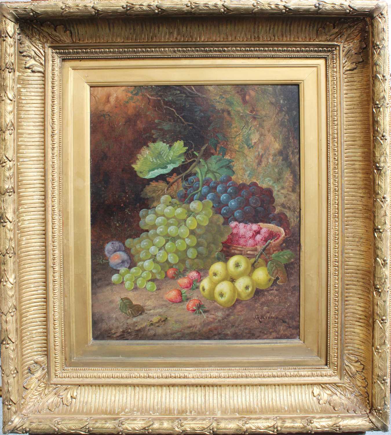 George Webber (19th Century) Still life of assorted fruits before a woodland Signed, oil on - Image 2 of 2