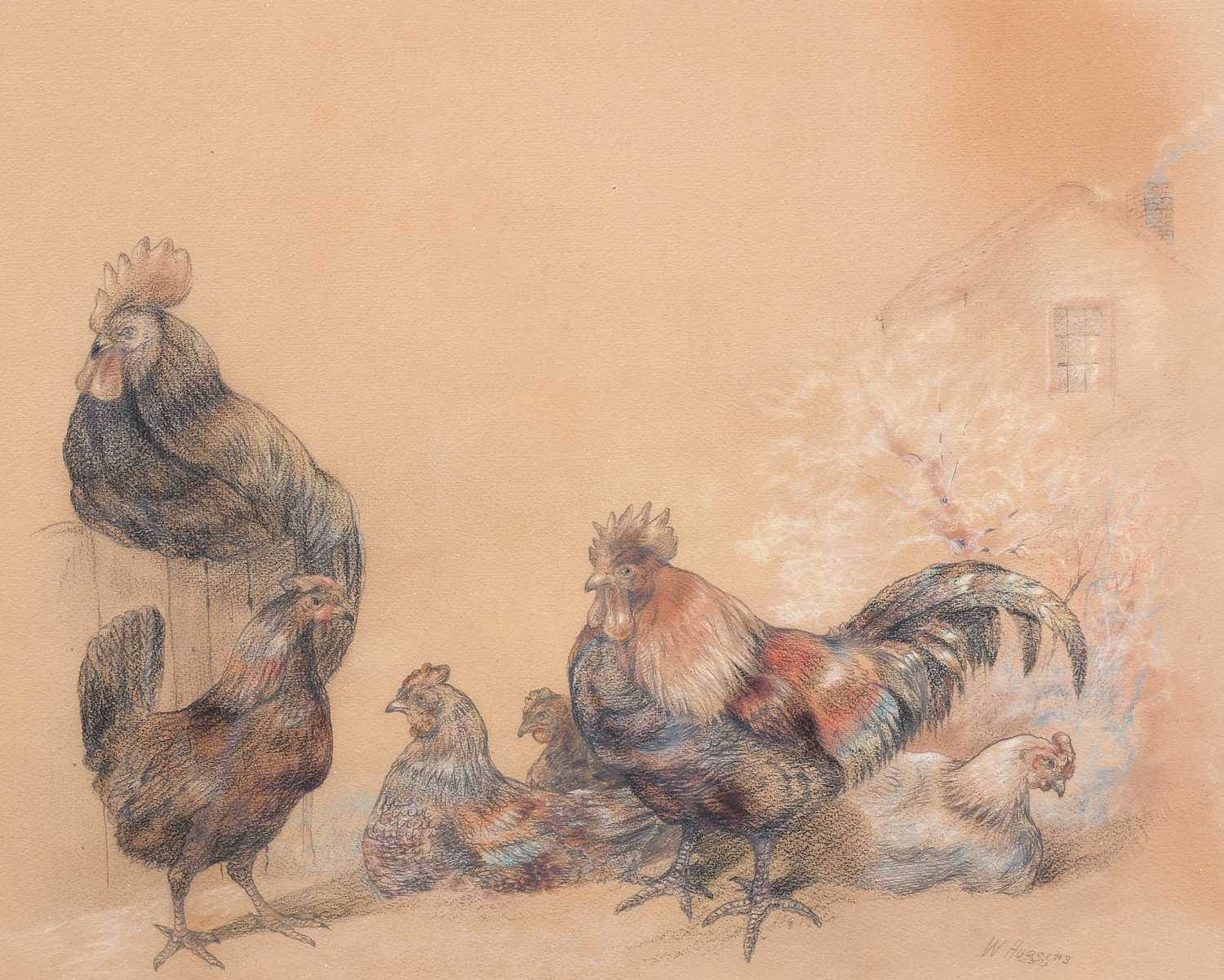 William Huggins (1820-1884) Study of chickens before a farm buildingSigned, mixed media, 40cm by