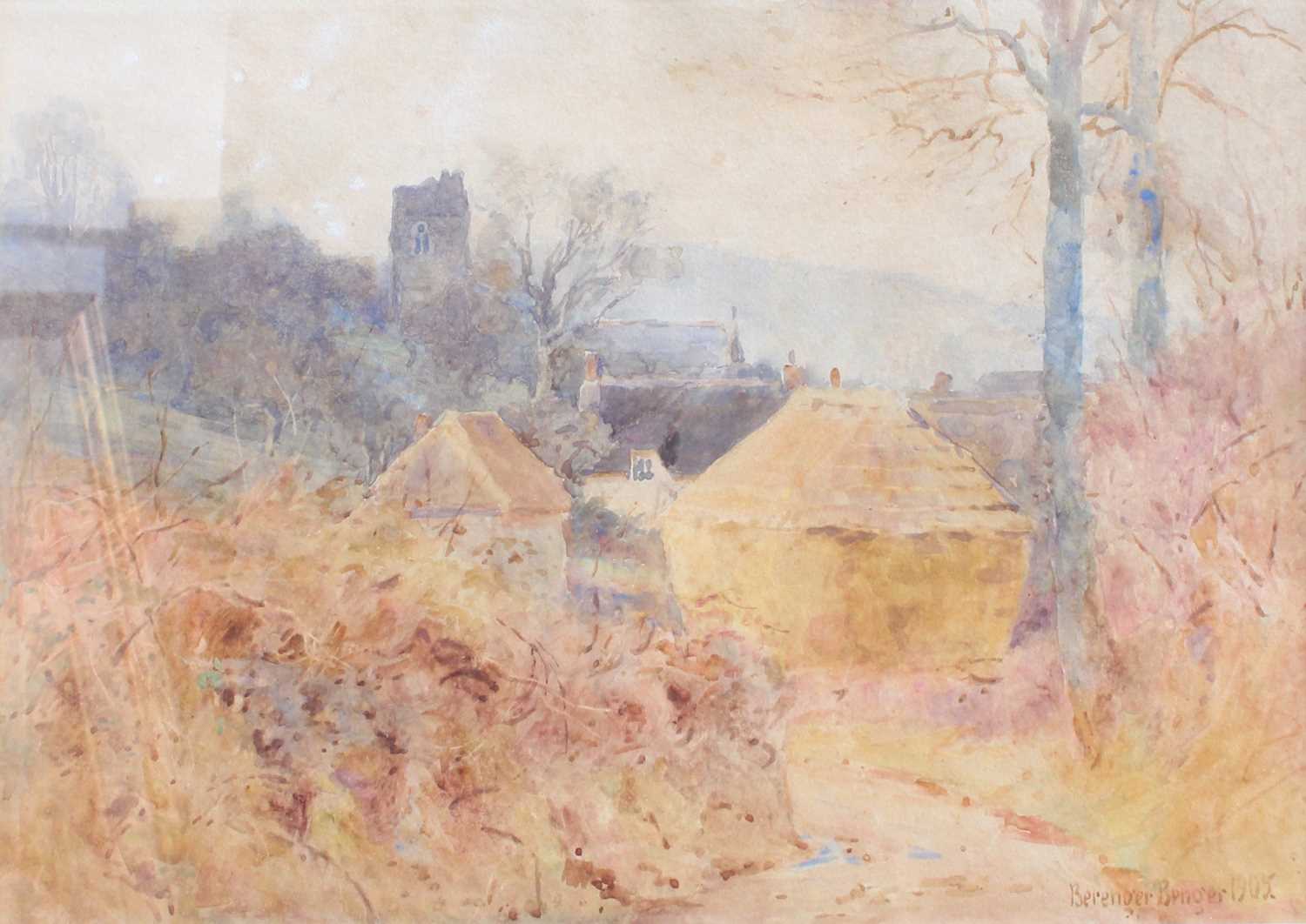 Berenger Benger(1868-1935)Thatched buildings before distant church towerSigned and dated 1905,