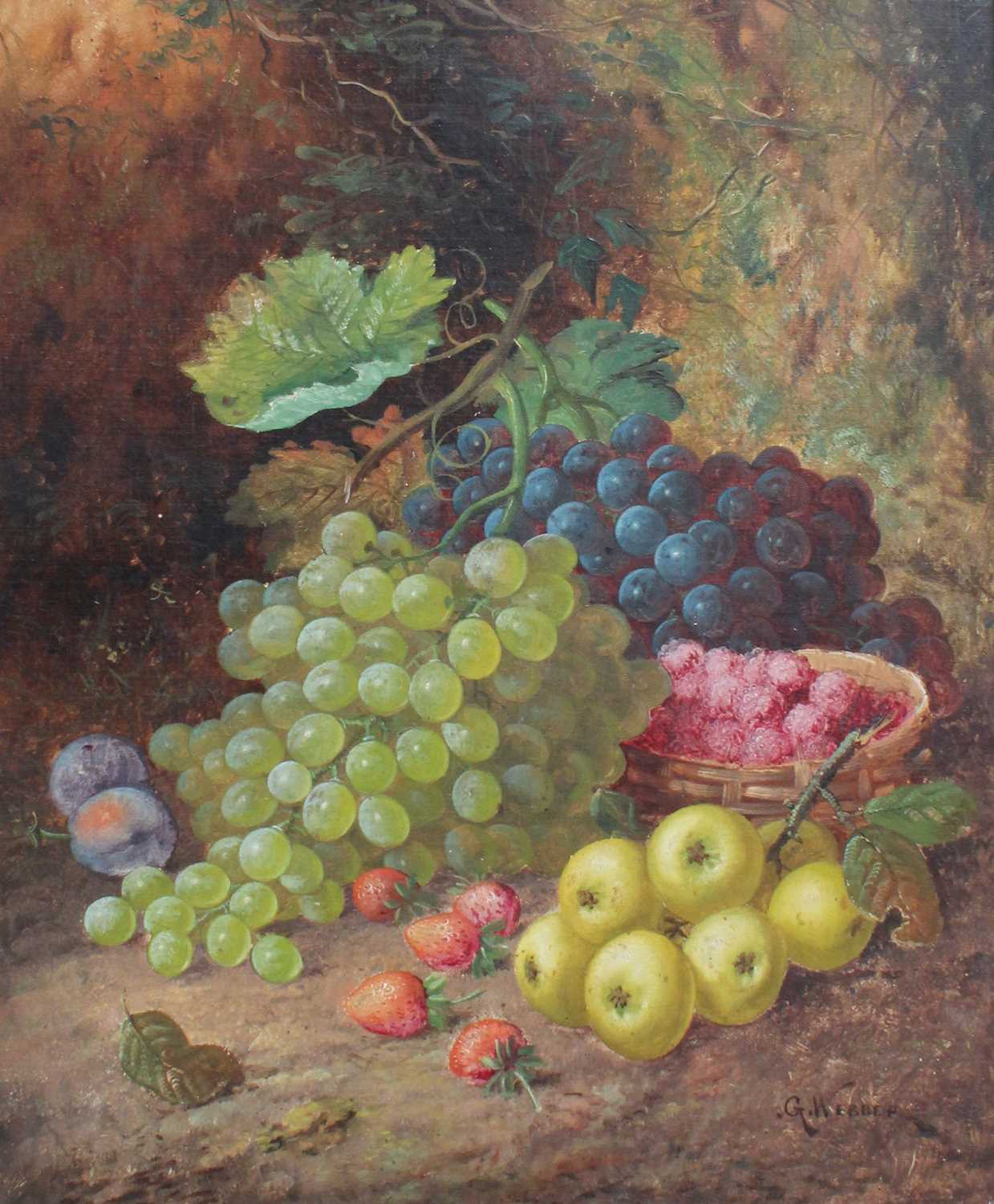 George Webber (19th Century) Still life of assorted fruits before a woodland Signed, oil on