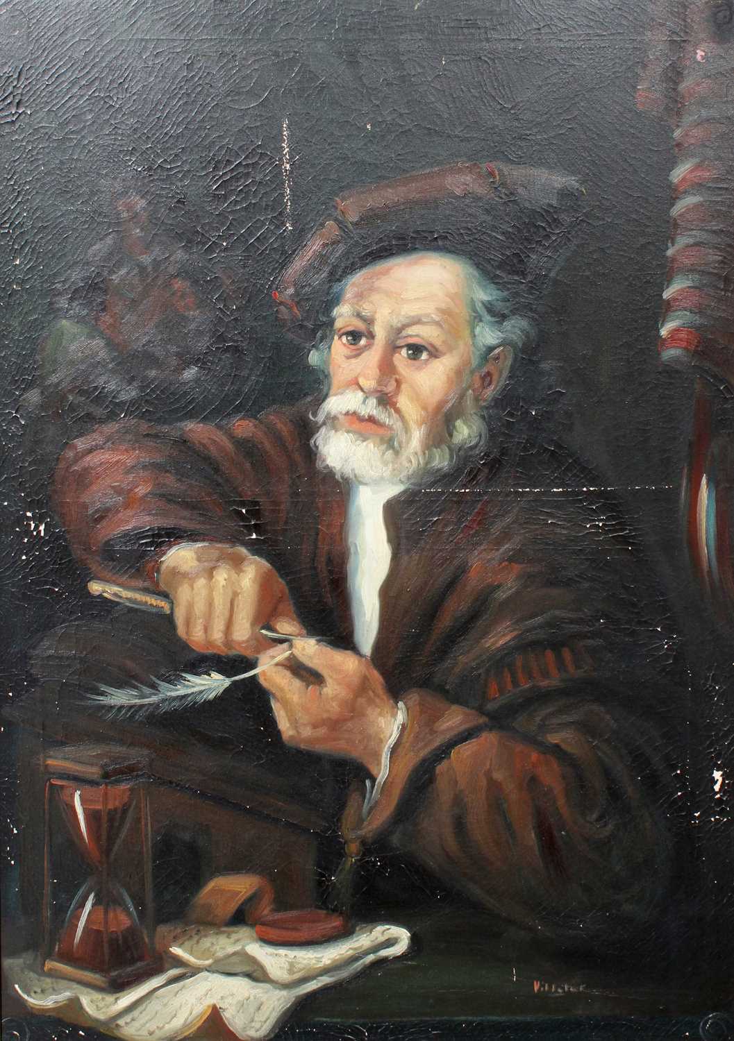 Continental School (20th Century)A Portrait of a learned gentleman, seated, holding a quill - Image 4 of 5