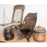 Folding carved Indian chair, African chair, Indian box and cover, and African cover