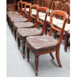 A Set of Six Mahogany Victorian Balloon Back Dining Chairs, with deep buttoned over stuffed seats