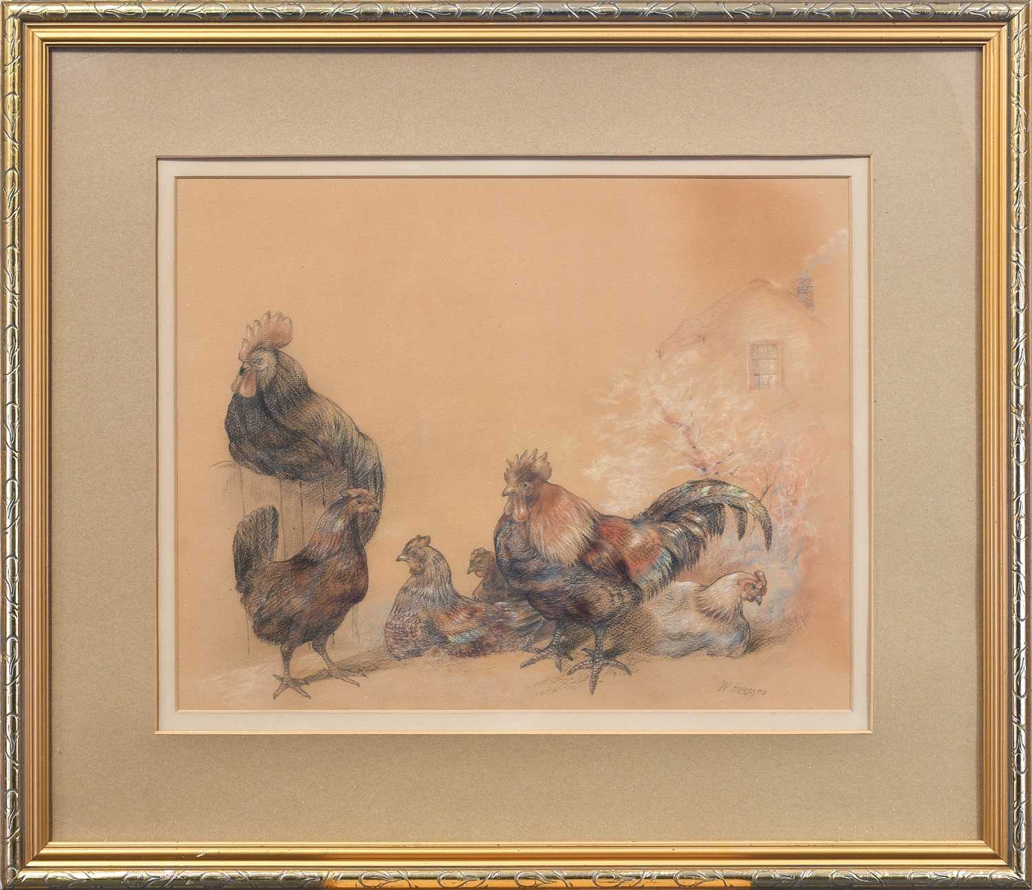 William Huggins (1820-1884) Study of chickens before a farm buildingSigned, mixed media, 40cm by - Image 2 of 3