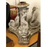 A Victorian Lead Fountain Base in Baroque Style, with fluted column surmounted by three dolphins