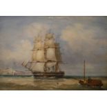 Circle of Henry Redmore (1820-1887)Masted ship at full sail before coastal town Oil on panel,