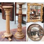 Two Hardwood Torchere Stands, largest 114.5cm, a gilt framed mirror and a circular convex mirror,