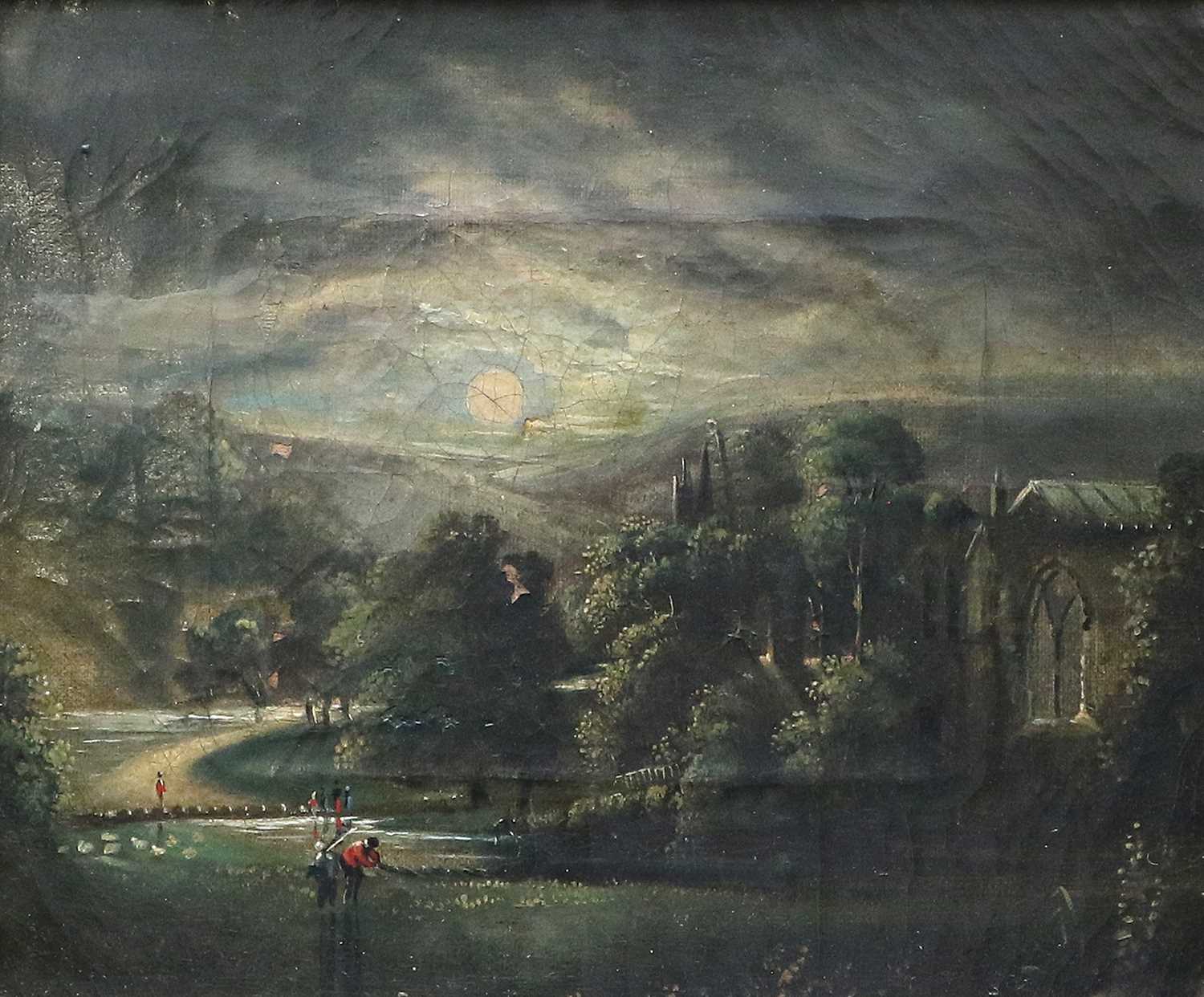 Scottish School (19th Century)Figures in a river before a moonlit abbeyIndistinctly signed and