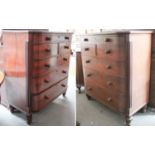 A Pair of Victorian Bow Front Five Height Chests of Drawers, with column supports, on octagonal feet