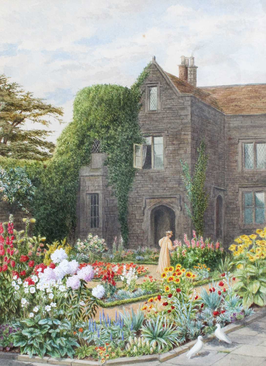 Marian Emma Chase (1844-1905)Lady admiring the flowers in a country house gardenSigned, watercolour,