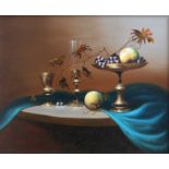 Jozef MolnerStill life with blue table clothSigned oil on canvas, 49cm by 59cm