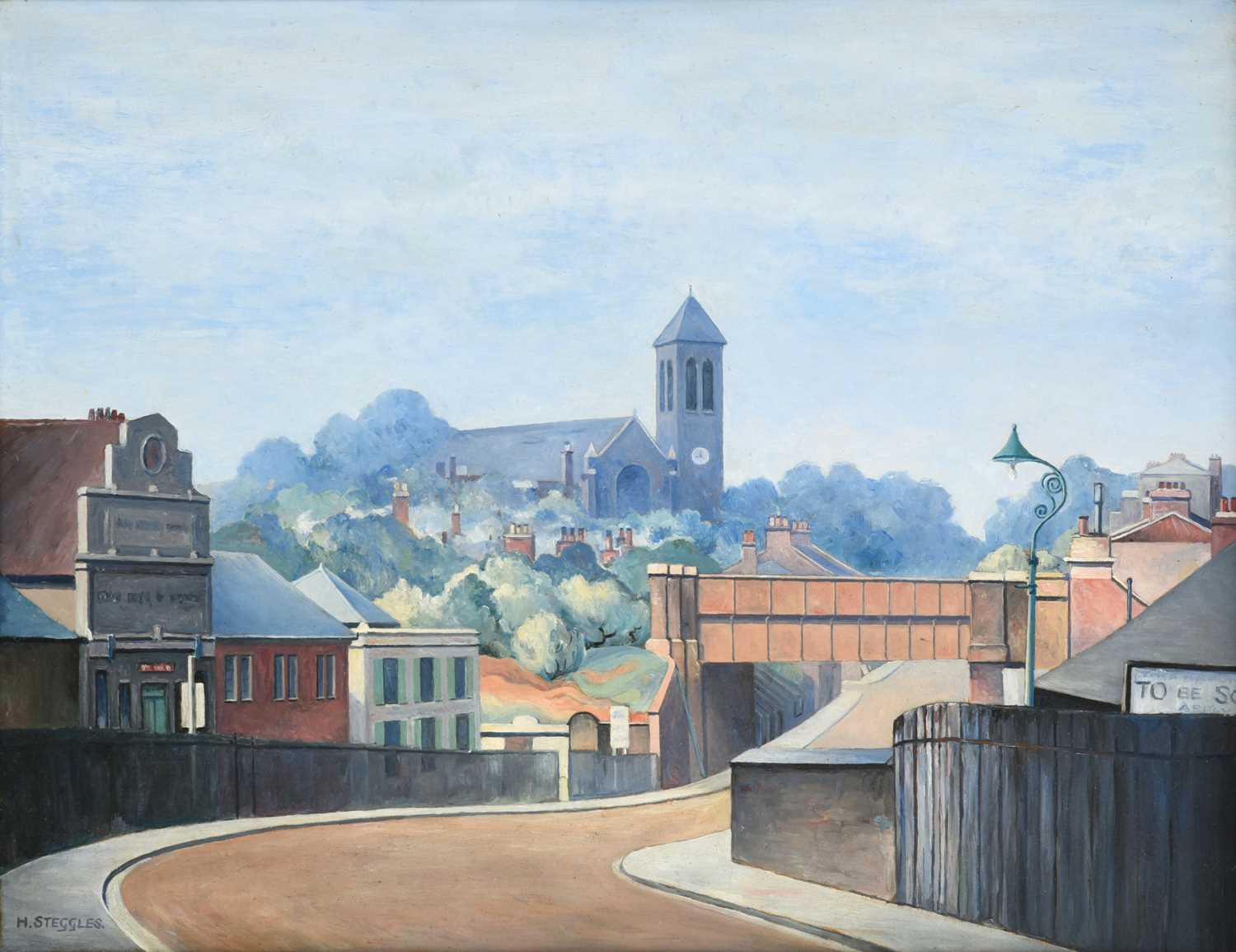 Harold Steggles (1911-1971)"St. Marks Church", HackneySigned, oil on panel, 33cm by 42.