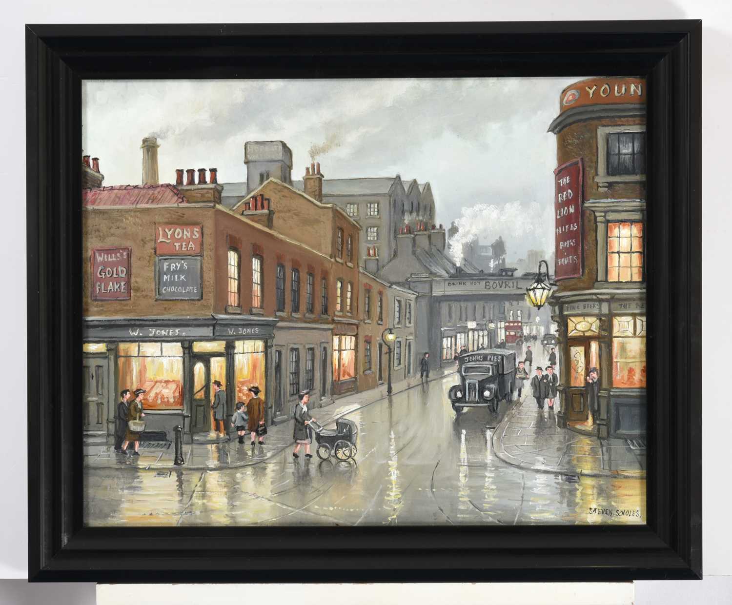 Steven Scholes (b.1952)"White Chapel, London, 1962"Signed, inscribed verso, oil on canvas, 39.5cm by - Image 2 of 3