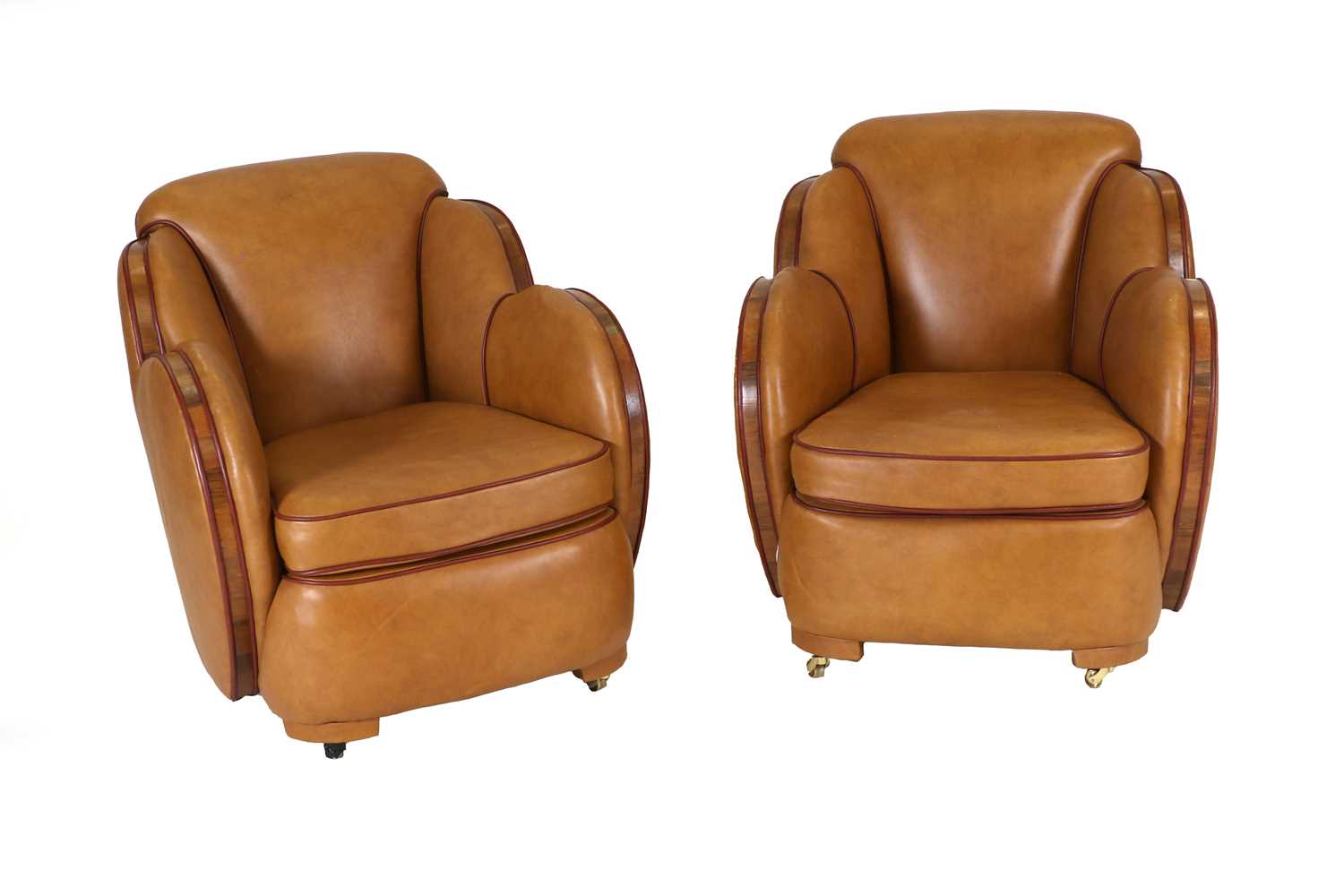 An Art Deco Cloud Three Piece Suite, re-upholstered in tan leather, trimmed in walnut, with cognac - Image 7 of 26