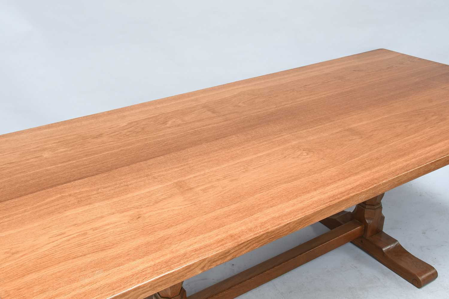 Wrenman: Bob Hunter (Thirlby): An English Oak Refectory Dining Table, smooth two plank top, on two - Image 2 of 3