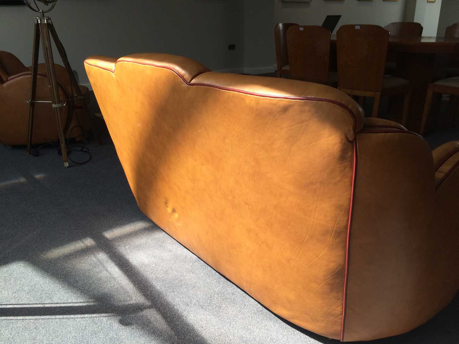 An Art Deco Cloud Three Piece Suite, re-upholstered in tan leather, trimmed in walnut, with cognac - Image 18 of 26