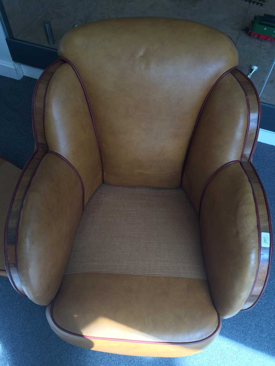 An Art Deco Cloud Three Piece Suite, re-upholstered in tan leather, trimmed in walnut, with cognac - Image 11 of 26