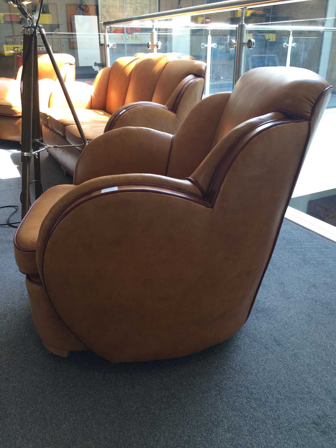 An Art Deco Cloud Three Piece Suite, re-upholstered in tan leather, trimmed in walnut, with cognac - Image 16 of 26