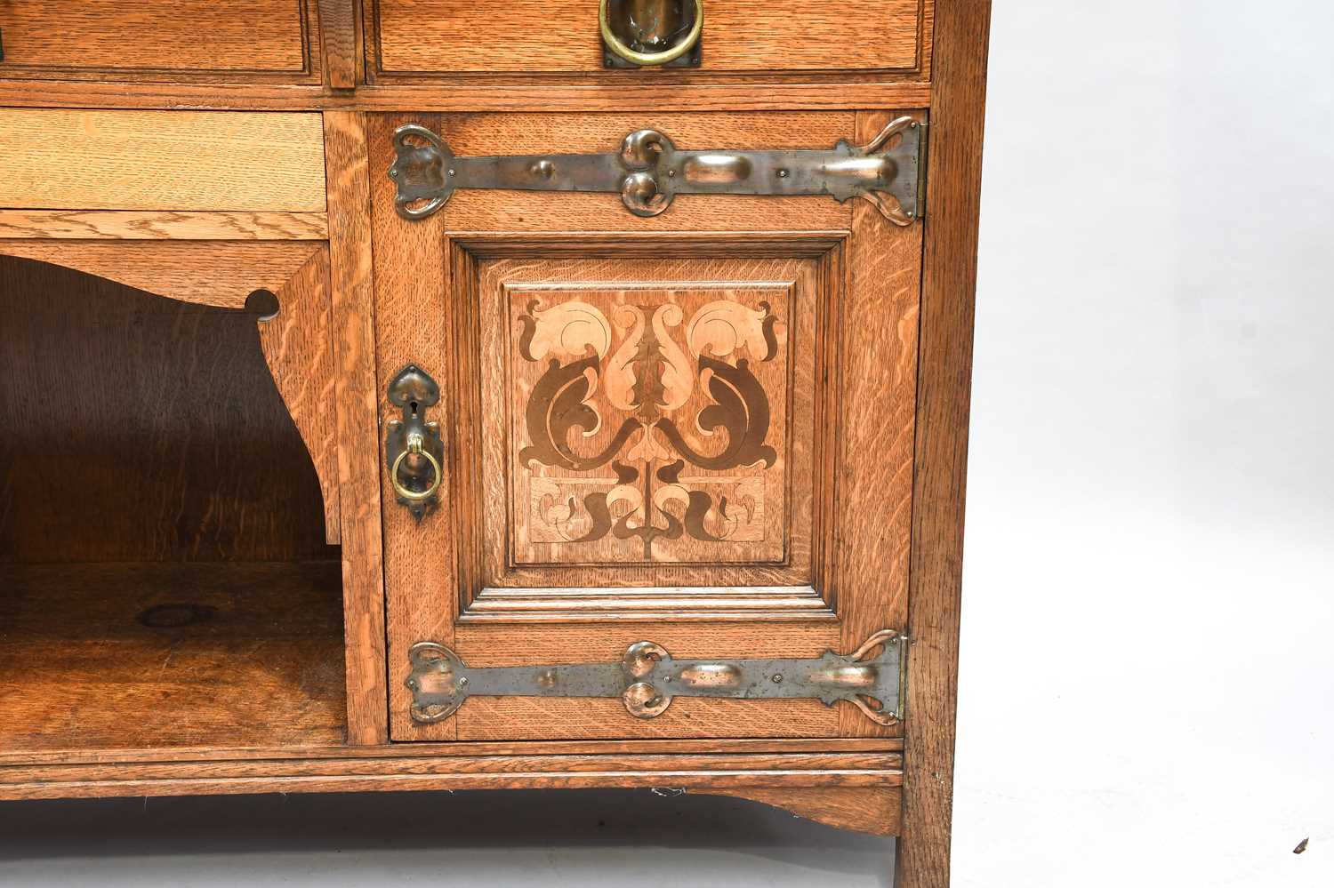 An Arts & Crafts Shapland & Petter of Barnstaple Inlaid Oak Sideboard, with raised upstand, above - Image 2 of 22