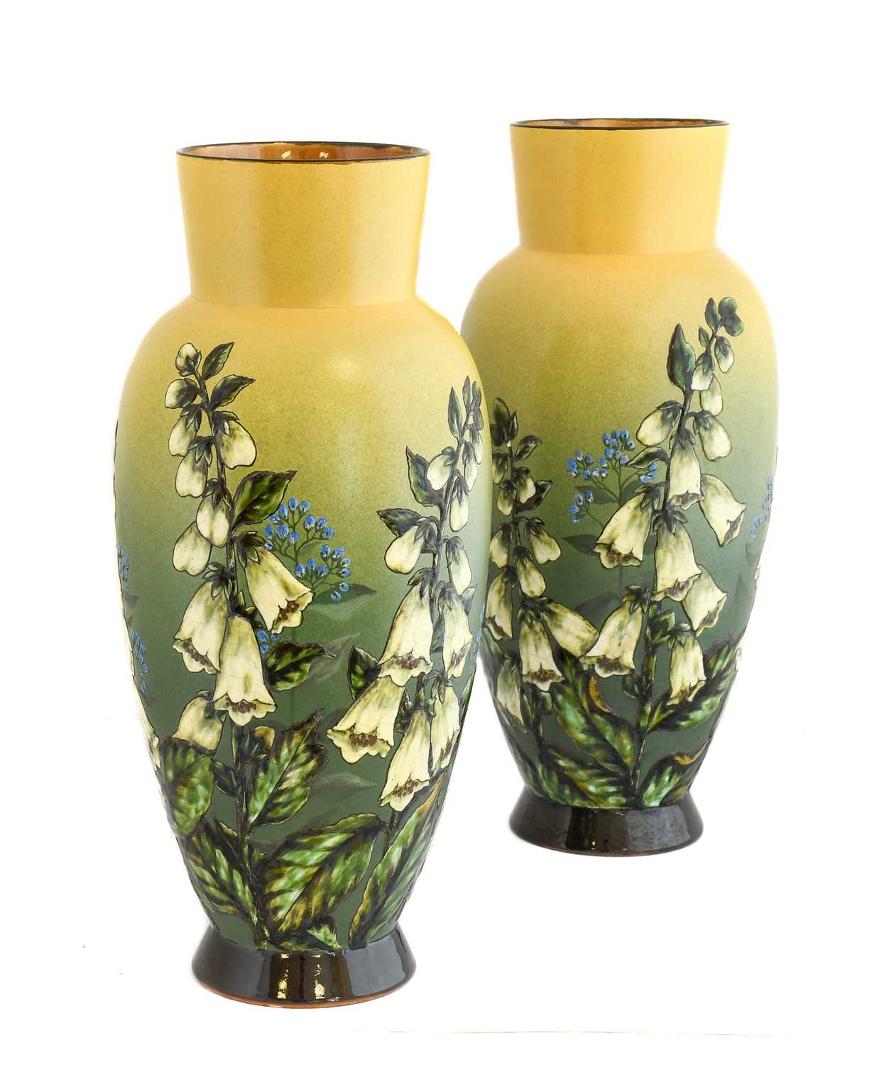 A Pair of Linthorpe Pottery Vases, shape No.477, painted by Alec Burns, with foxgloves, in shades of