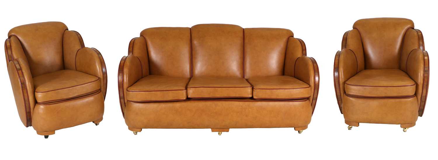 An Art Deco Cloud Three Piece Suite, re-upholstered in tan leather, trimmed in walnut, with cognac - Image 9 of 26