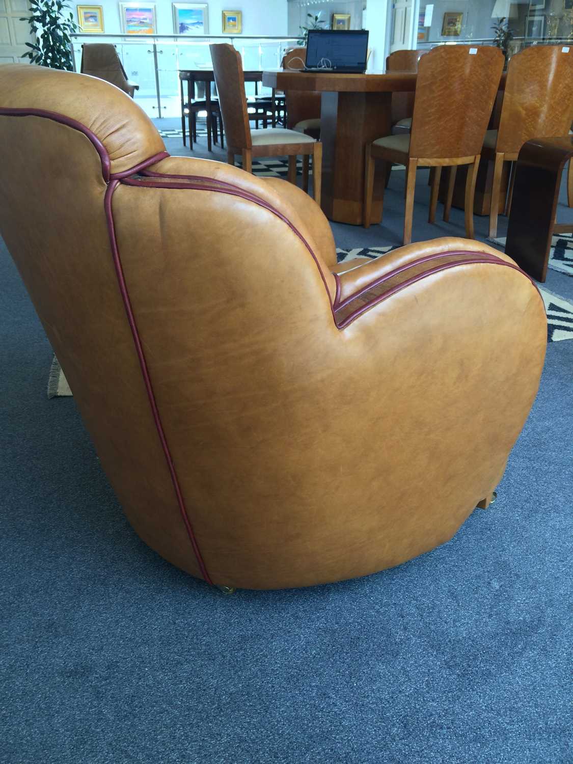 An Art Deco Cloud Three Piece Suite, re-upholstered in tan leather, trimmed in walnut, with cognac - Image 21 of 26