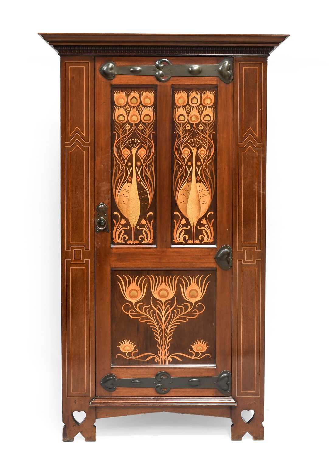 An Art Nouveau Inlaid Mahogany Hall Robe, with pierced heart motif bracket over a stepped cornice,