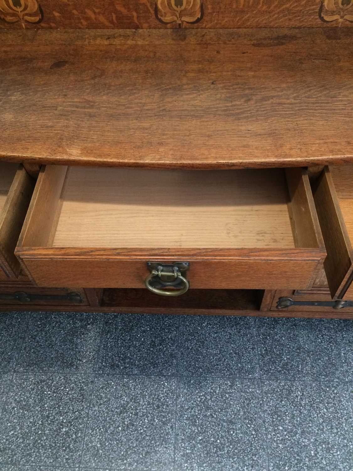 An Arts & Crafts Shapland & Petter of Barnstaple Inlaid Oak Sideboard, with raised upstand, above - Image 10 of 22