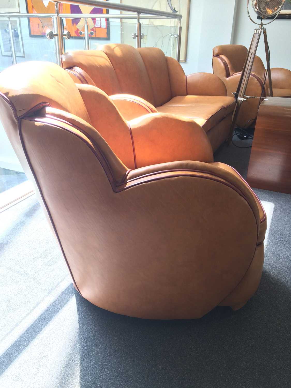 An Art Deco Cloud Three Piece Suite, re-upholstered in tan leather, trimmed in walnut, with cognac - Image 24 of 26