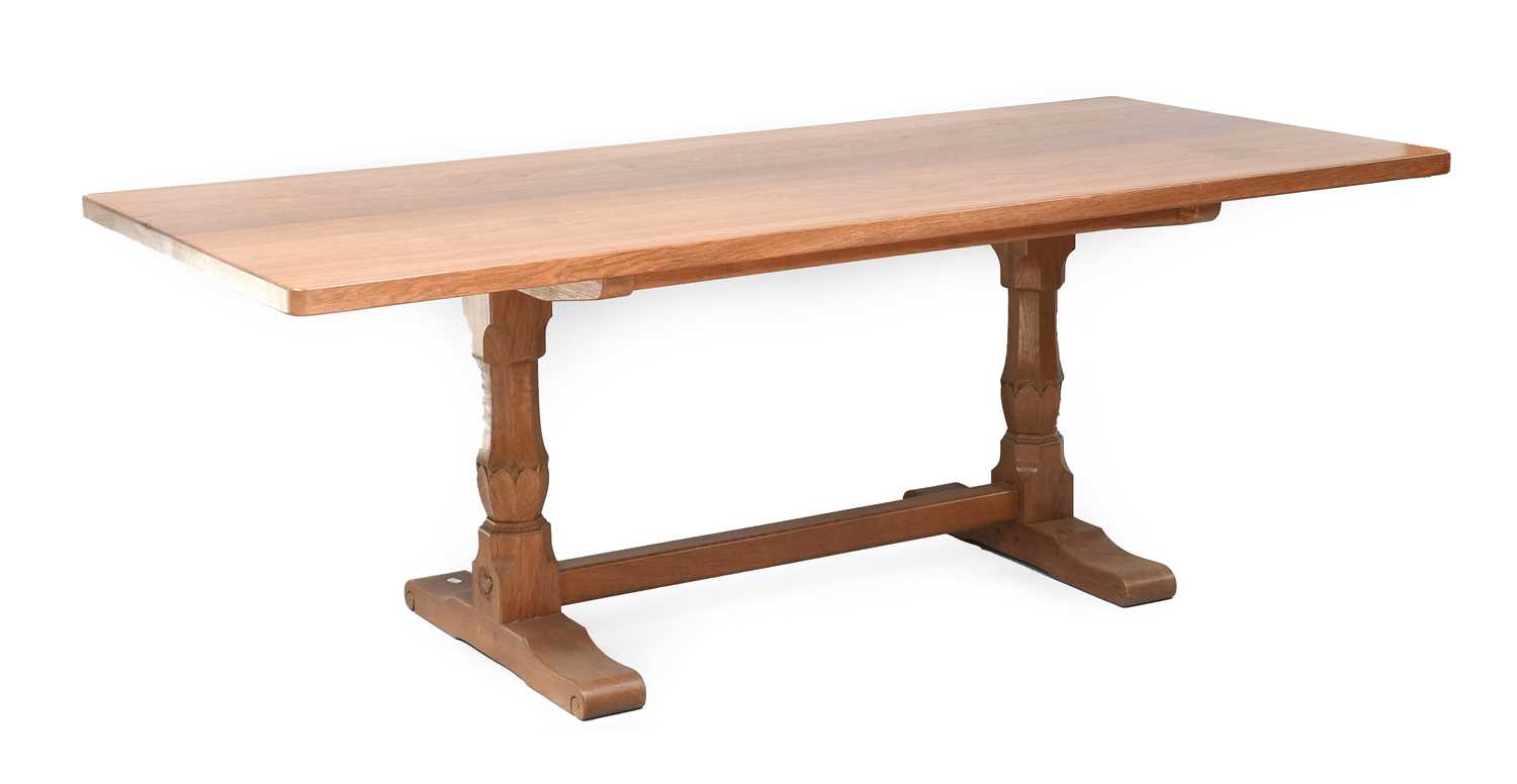 Wrenman: Bob Hunter (Thirlby): An English Oak Refectory Dining Table, smooth two plank top, on two