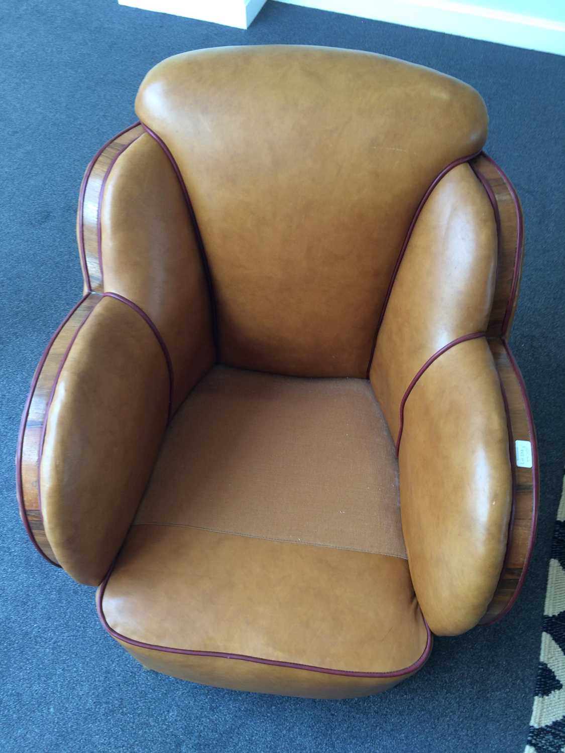An Art Deco Cloud Three Piece Suite, re-upholstered in tan leather, trimmed in walnut, with cognac - Image 19 of 26