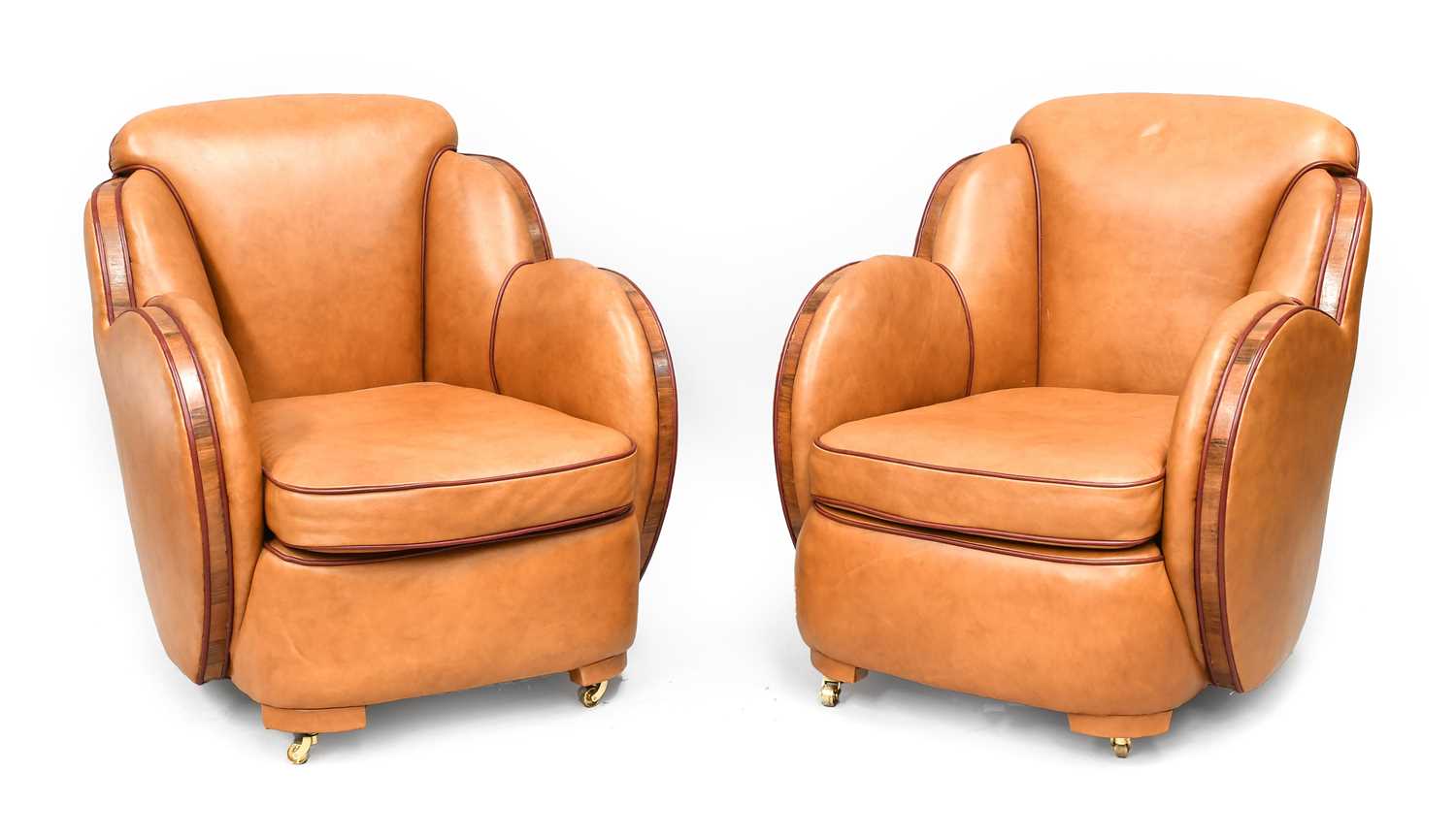 An Art Deco Cloud Three Piece Suite, re-upholstered in tan leather, trimmed in walnut, with cognac - Image 3 of 26