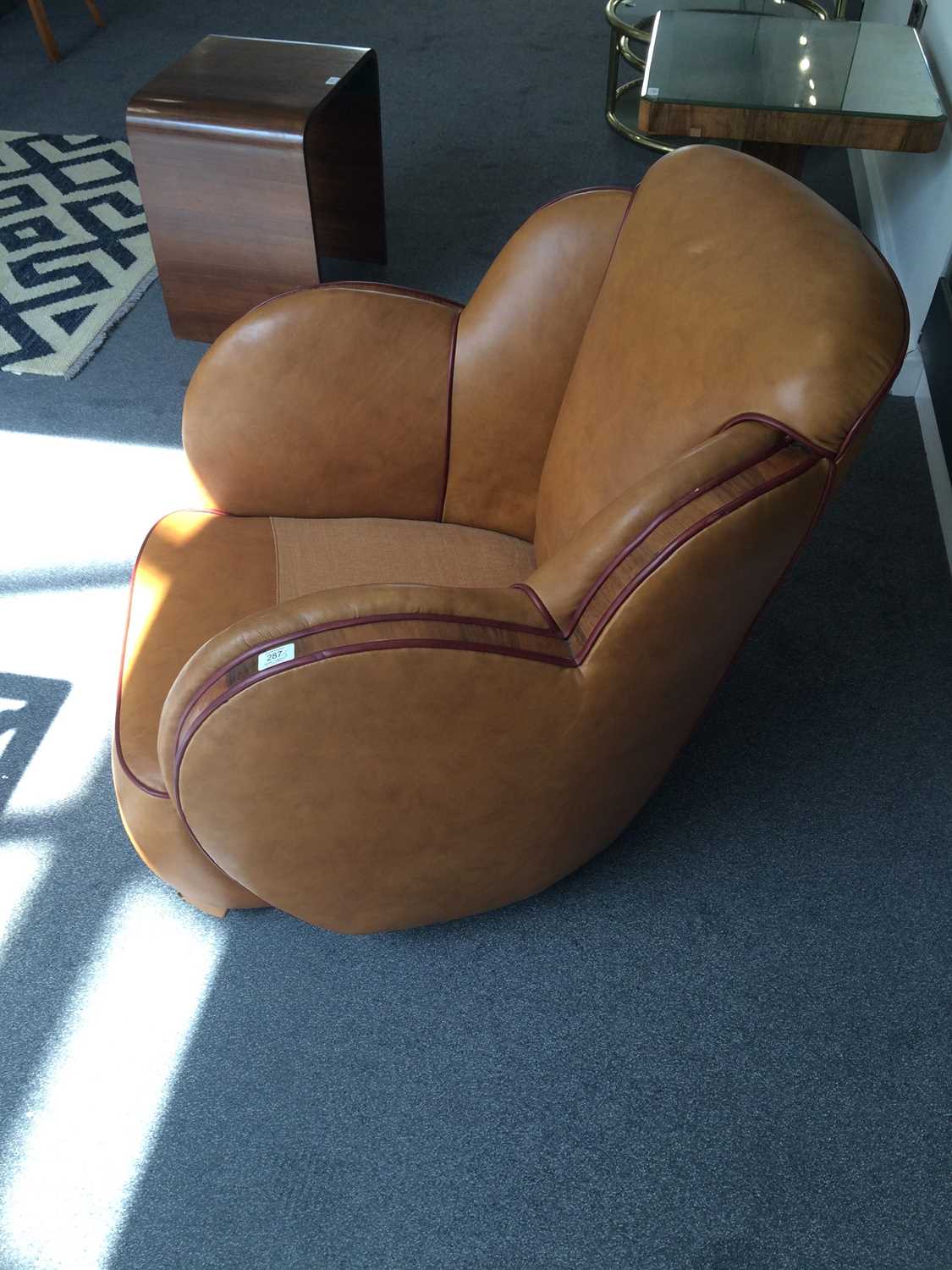 An Art Deco Cloud Three Piece Suite, re-upholstered in tan leather, trimmed in walnut, with cognac - Image 12 of 26