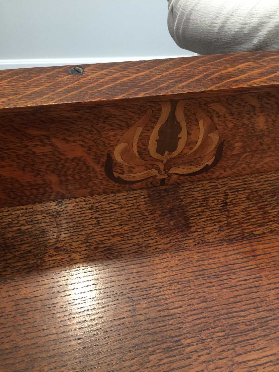 An Arts & Crafts Shapland & Petter of Barnstaple Inlaid Oak Sideboard, with raised upstand, above - Image 7 of 22