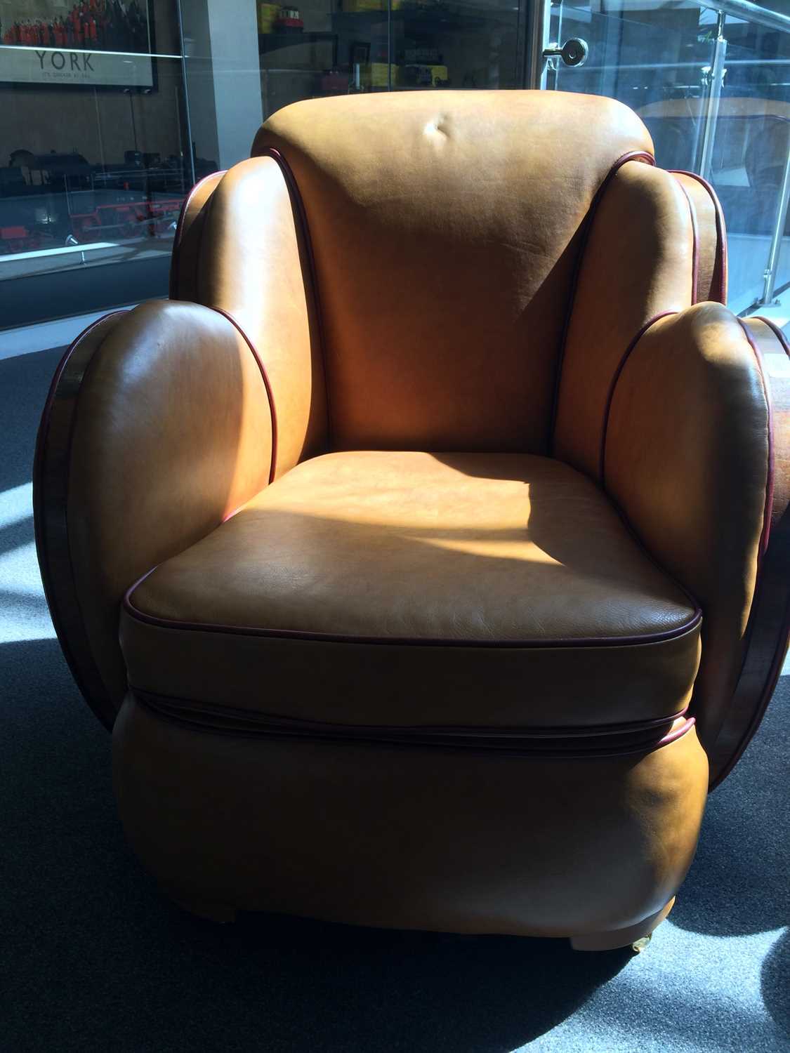 An Art Deco Cloud Three Piece Suite, re-upholstered in tan leather, trimmed in walnut, with cognac - Image 26 of 26