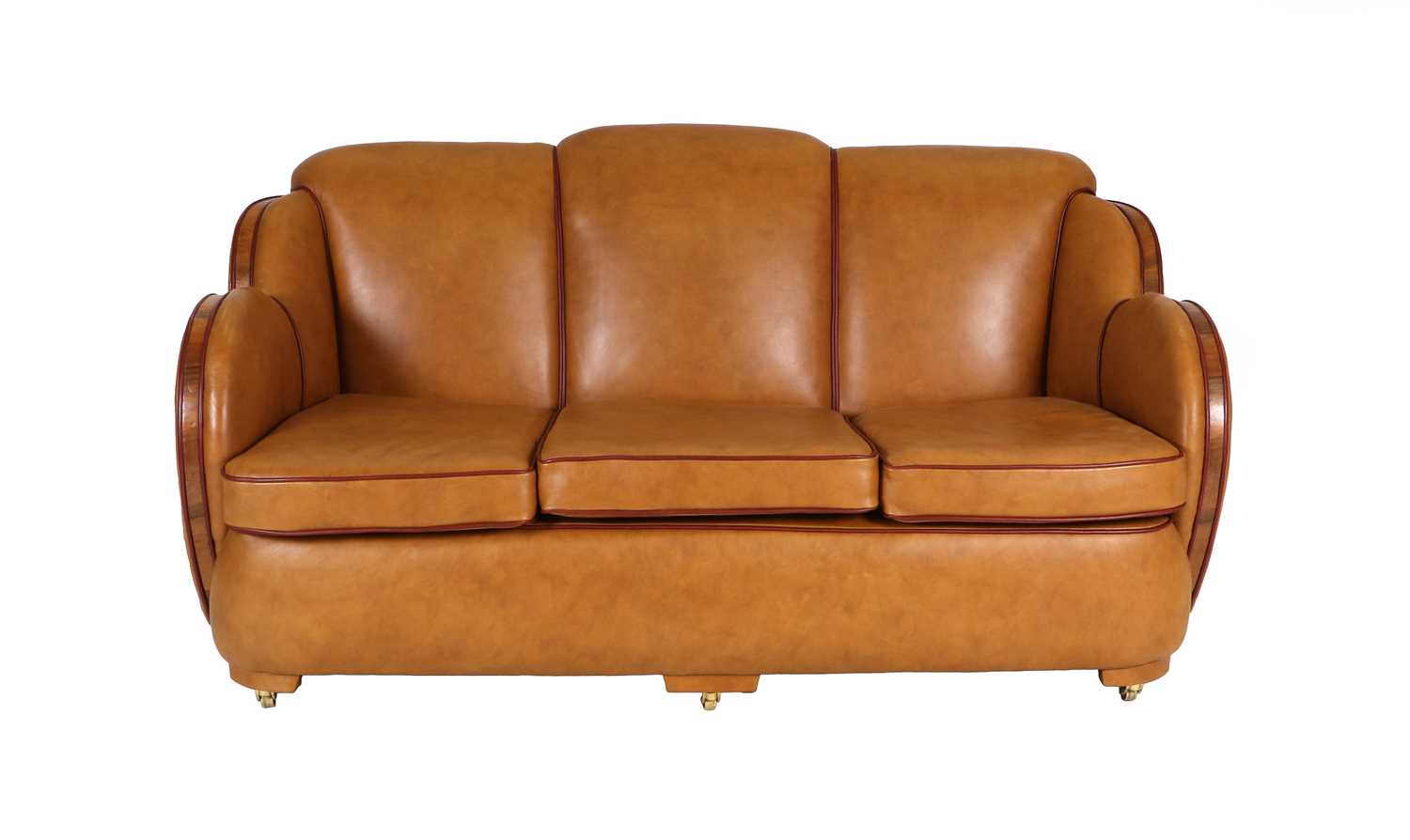 An Art Deco Cloud Three Piece Suite, re-upholstered in tan leather, trimmed in walnut, with cognac - Image 8 of 26