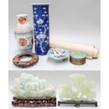 A Selection of Oriental items consisting of, two jade type groups, Chinese blue and white vase,