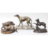 Two Patinated Metal Models of Hounds, and a further patinated brass model of a boar hunt (3)